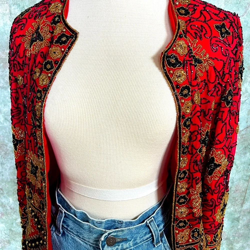 Adrianna Papell 1994 Vintage Red and Black Beaded Blazer with Embroidery - Picture 2 of 8
